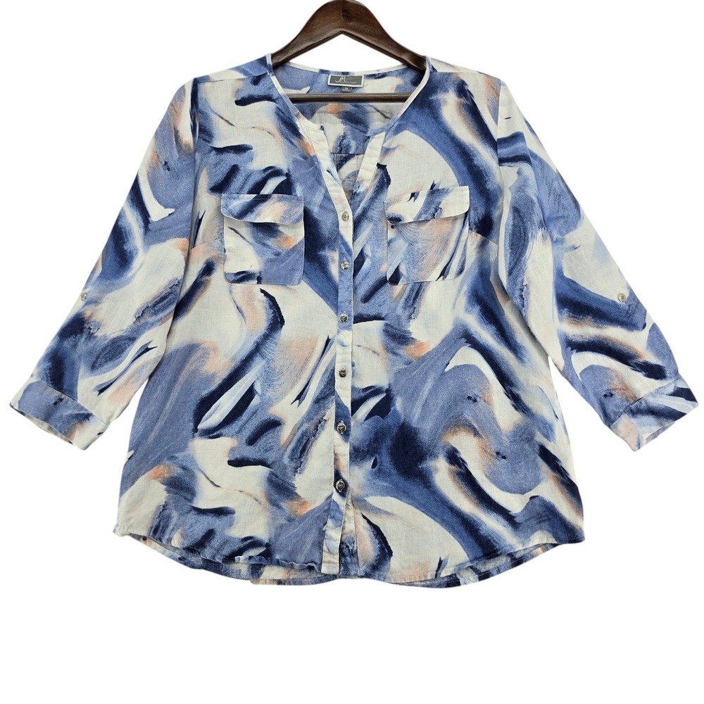 JM Collection 100% Linen Blouse‎ Size 12 Blue Abstract Roll Tab Coastal Chic Top